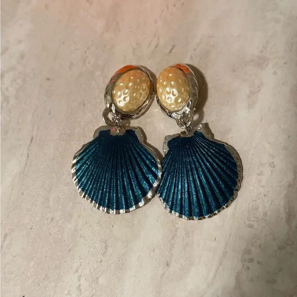 Julietta Azul Pearl & Shell Statement Earrings | Silver/Blue - Picture 3 of 5